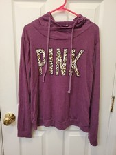 Victoria's Secret Pink Womens Maroon Leopard Print Logo Cowl Neck Pullover Large