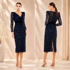 Mac Duggal Embellished Illusion Long Sleeve Column Midi Dress 14 Midnight Blue