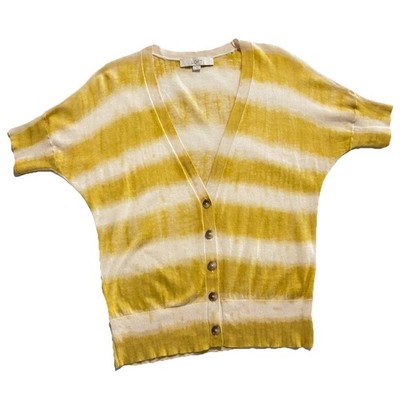 Ann Taylor LOFT Women S Cardigan Yellow Striped Button Knitwear Short Sleeve