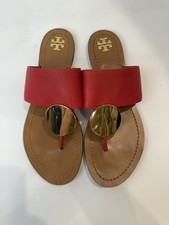 Tory Burch Sandals Women 9 Red Gold Medallion Flat Cruise