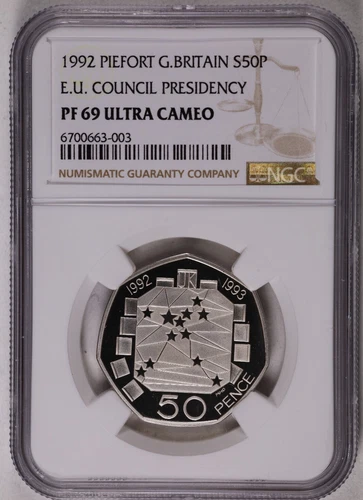 1992 Great Britain 50 Pence Silver Piefort EU Council Presidency NGC PF 69 UC