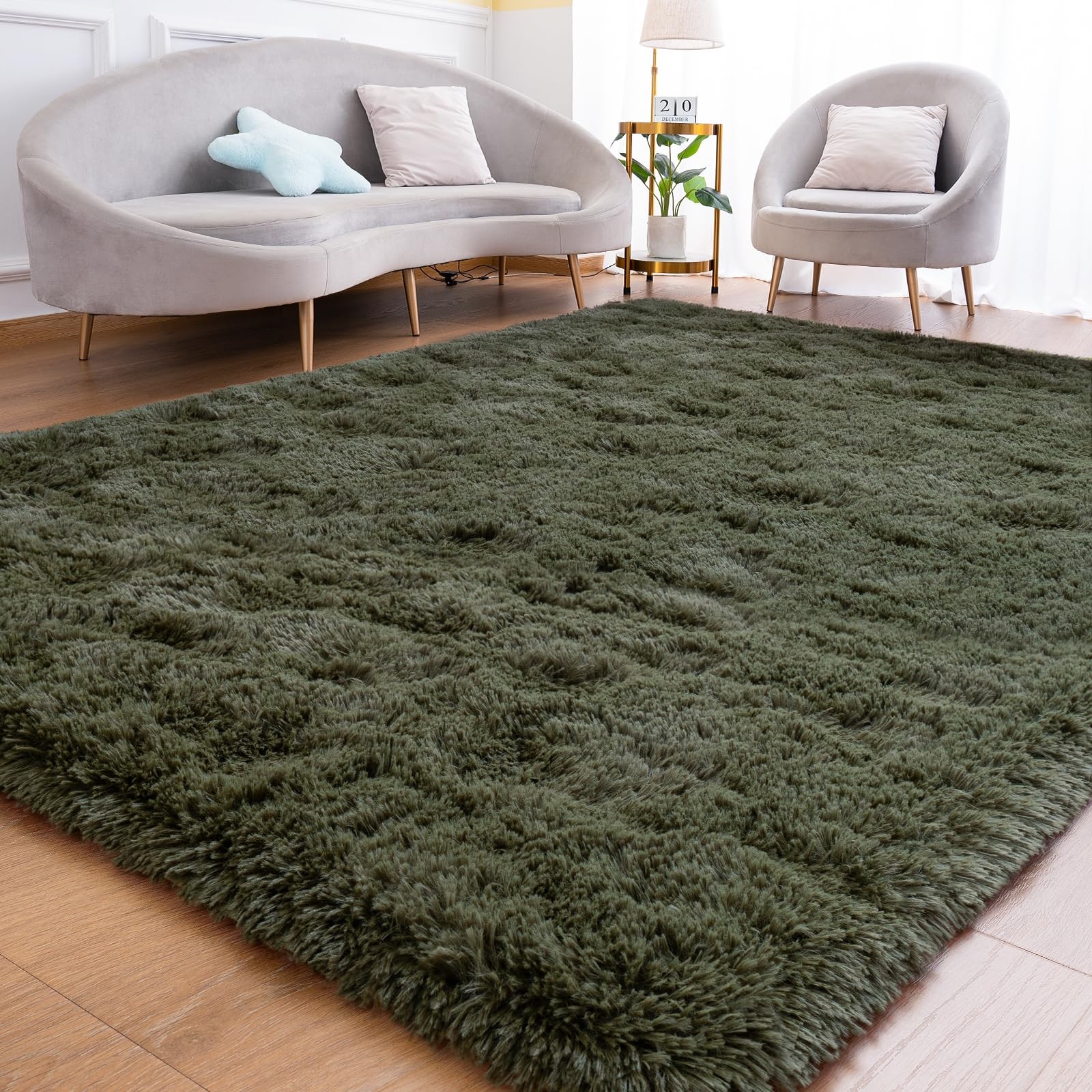 Fluffy Rug for Bedroom Living Room, 7x10 Olive Green Area Rugs, Faux Fur Shag...