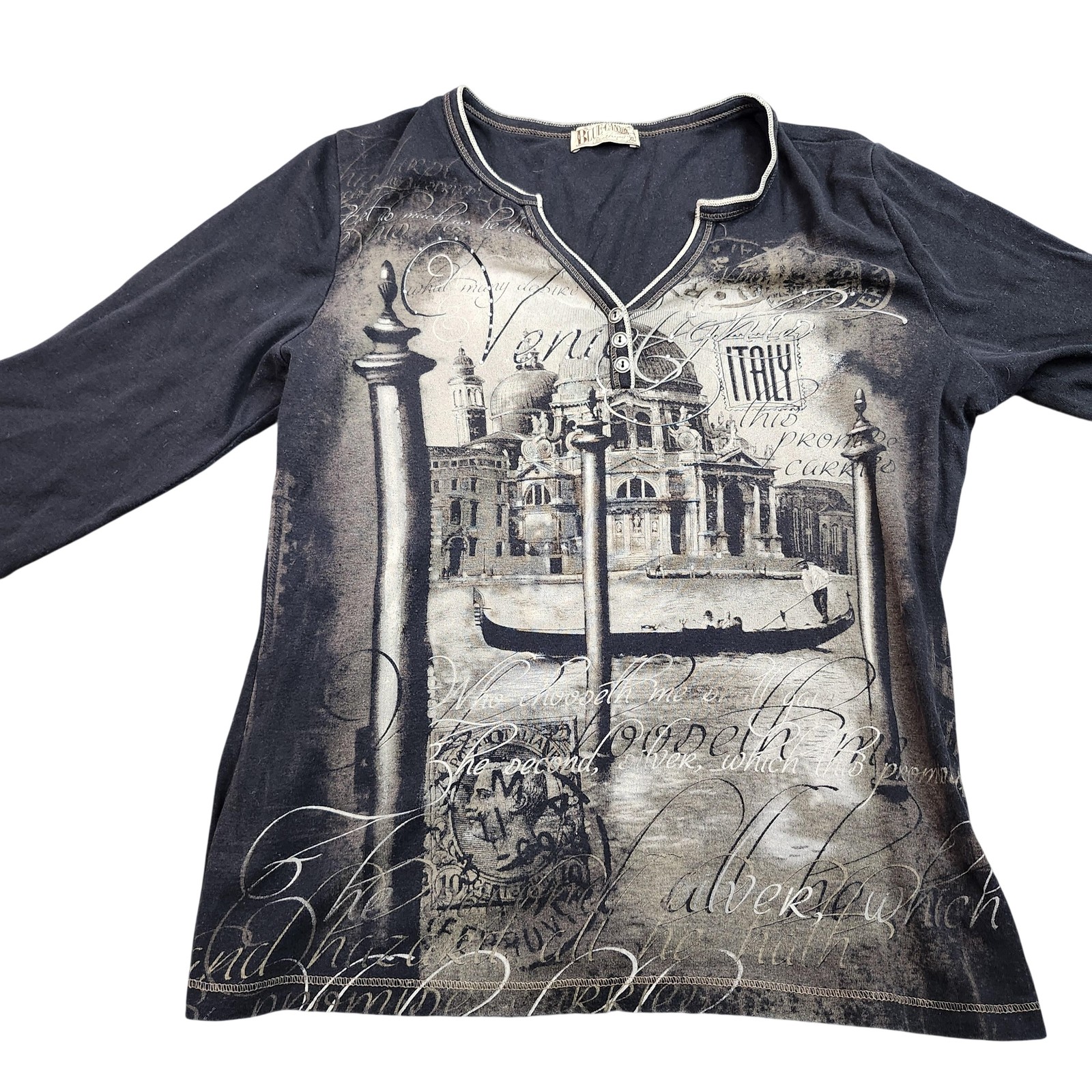 Blue Canyon Shirt Womens XL Black Italy Venice Graphic 3/4 Sleeve Henley Top