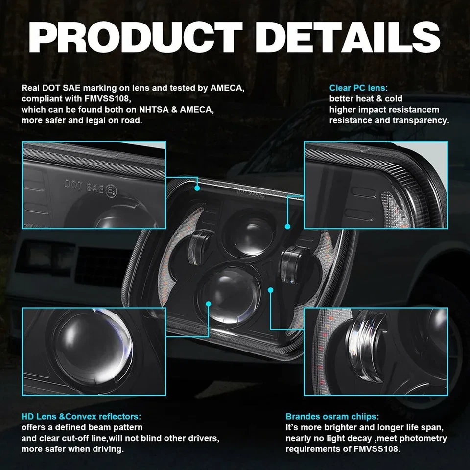 Upgrade 2PCS 7x6" LED Headlight for Freightliner FL50 FL60 FL70 FL80 Truck H6014 - Image 4 of 4