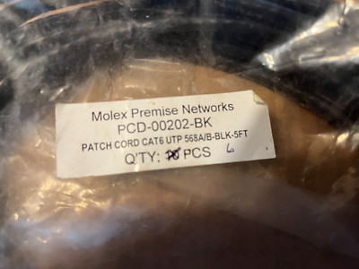 PACK of 6 - Molex CAT6 Ethernet Patch Cable PCD-00202-BK UTP 568A/B - BLK - 5FT