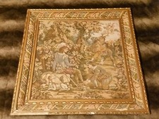 Vintage French Tapestry Bucolic Victorian Scene Needlepoint Linen Framed 25 x 25