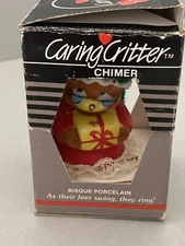 Handcrafted Caring Critter Chimer Bisque Porcelain Grandma Bear w/Present Red