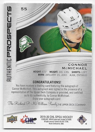 19/20 SP GAME USED CHL AUTHENTIC PROSPECTS BLUE AUTOGRAPH Connor McMichael #55 - Picture 2 of 2