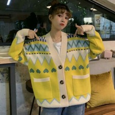 Autumn Women Cardigan Jacket Loose V Neck Sweater Outerwear Knitwear Casual Cute