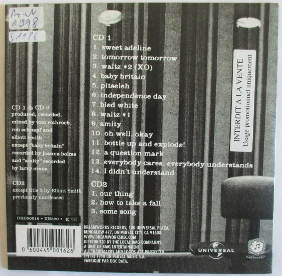 Elliott Smith - 3 Tracks France Promo Single CD "XO" - CD "2" Only Foto 2 de 2