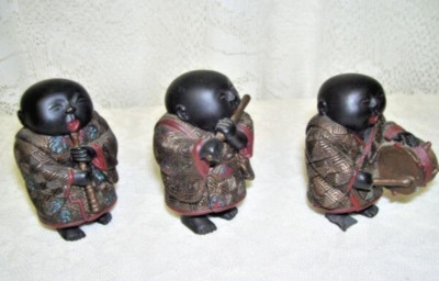 Rare Monk Figurines with Instruments Set of Three 