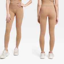 Large - Womens High-Rise Ribbed Seamless 7/8 Leggings - JoyLab - Tan