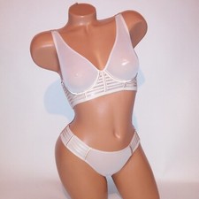 Victoria Secret Bra Set 32C Unlined Plunge Small Cheekini Panty Cream Sheer