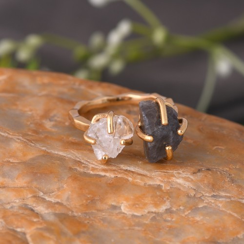 Double Raw Stone Ring Gold Plated Herkimer & Labradorite Rough Jewelry Gift - Picture 8 of 10