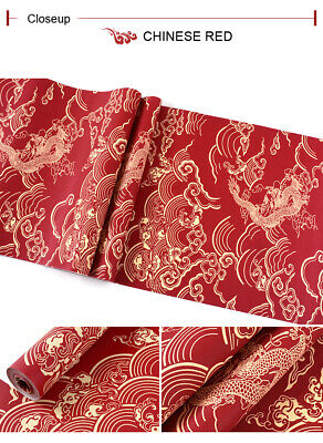 10M Traditional Dragon Cloud Chinese Red Waterproof Wallpaper Textured PVC  Roll