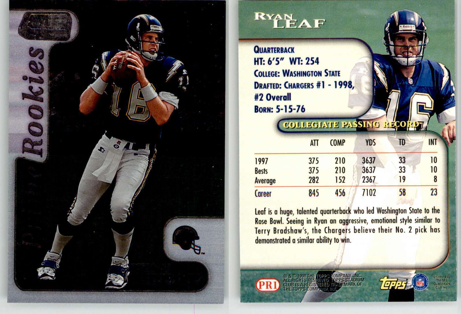 Ryan Leaf 1998 Stadium Club Prime Rookies PR1 Washington St Chargers RC