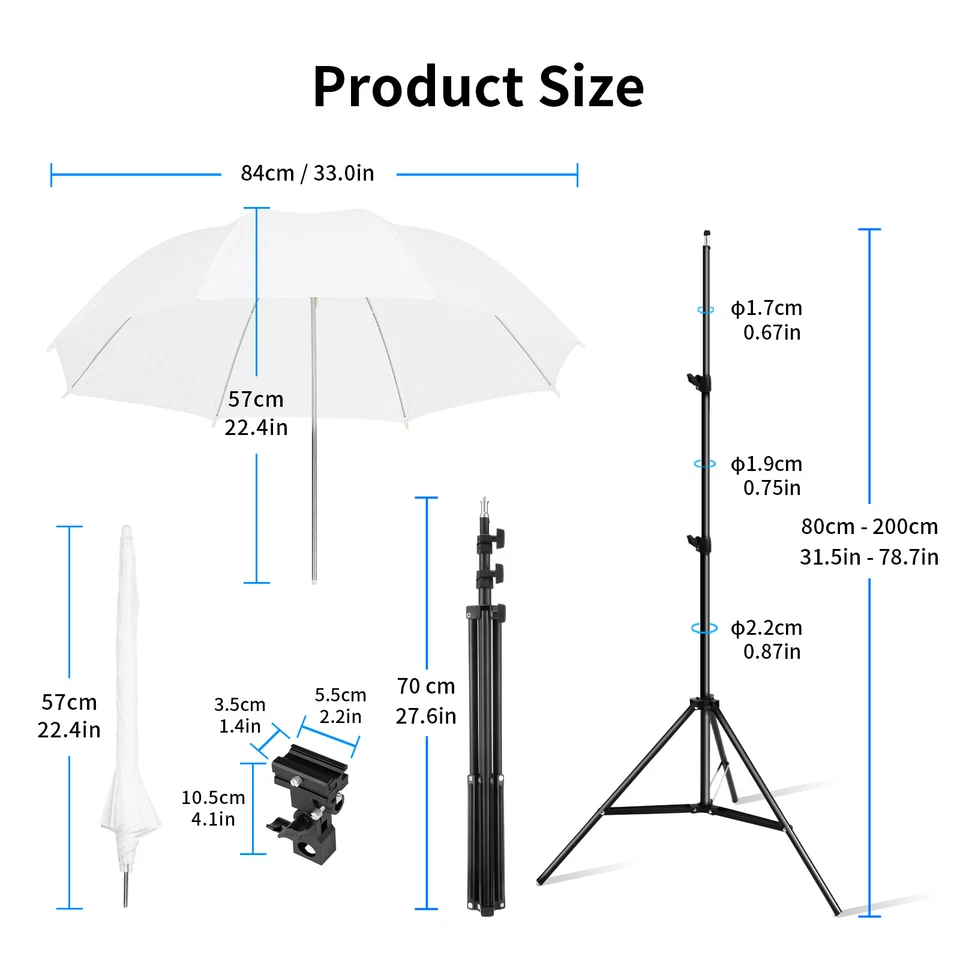 Photo Umbrella Kit 33"/84cm White Soft Umbrella with Light Stand and Flash Brack - Image 3 of 4