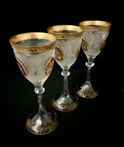 5 Antique Moser Style Bohemia Handcut Cut to Clear Glass Wine Stems Gilded - Picture 7 of 12