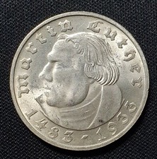 2 Mark Reichsmark Piece 1933 D German Reich Luther Martin Old Silver Coin