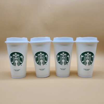 Set of 4 Starbucks Coffee Green Logo White 16oz Reusable Cup