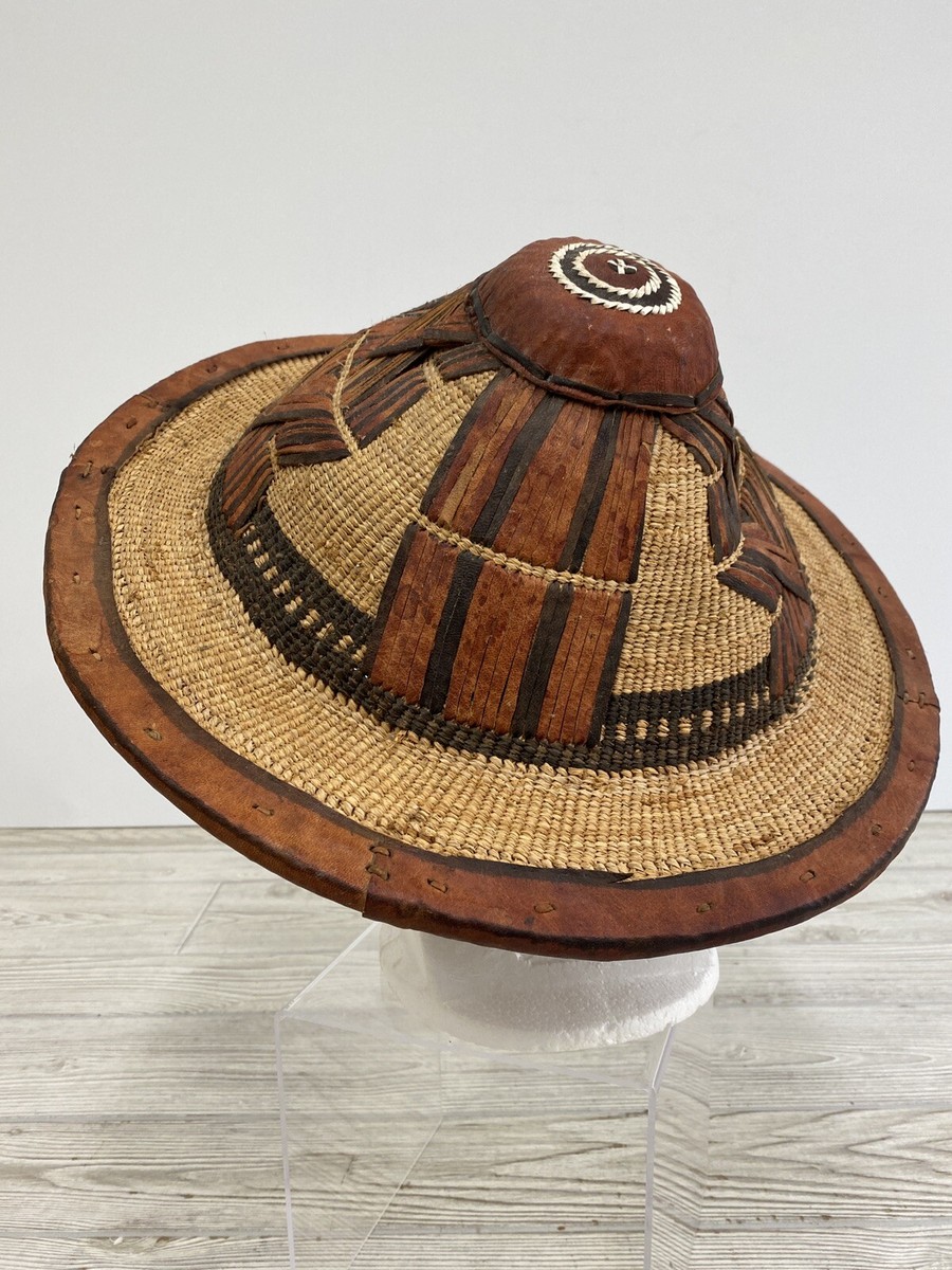 Vintage Tuareg West African Fulani Straw Leather Sun Hat  display picture 3