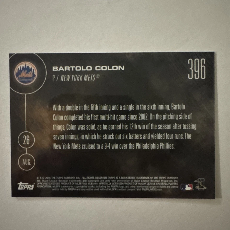 2016 Topps Now Card #396: New York Mets Bartolo Colon - Image 2 of 2
