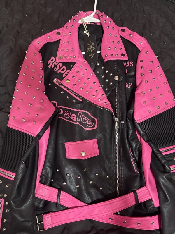 Bellivera Women's M Pink/Black Studded Belted Zip Biker Jacket