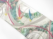 7474643: JAPANESE KIMONO / ANTIQUE FUKURO OBI / SILK / WOVEN BIRD  FLOWER