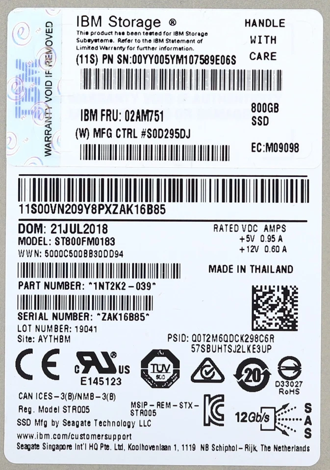 IBM ST800FM0183 800GB 2.5" 12Gb/s SAS Solid State Drive FRU P/N: 02AM751 Tested - Image 2 of 2