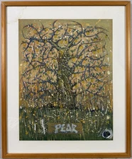 American 20th C, Vintage Mixed Media Painting, Symbolic Pear Tree