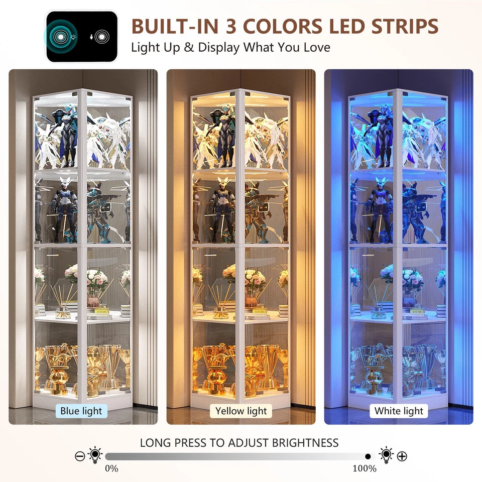 White Display Cabinet with Glass Door, Corner Curio Cabinet with 3 Color Lights - Image 3 of 4