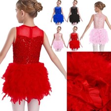 Girls Sequins Velvet Mesh Ballet Feather Tulle Leotard Tutu Dress Dancewear