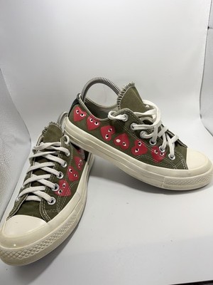 CDG Play Converse Comme Low Top Sneakers Olive Green Hearts
