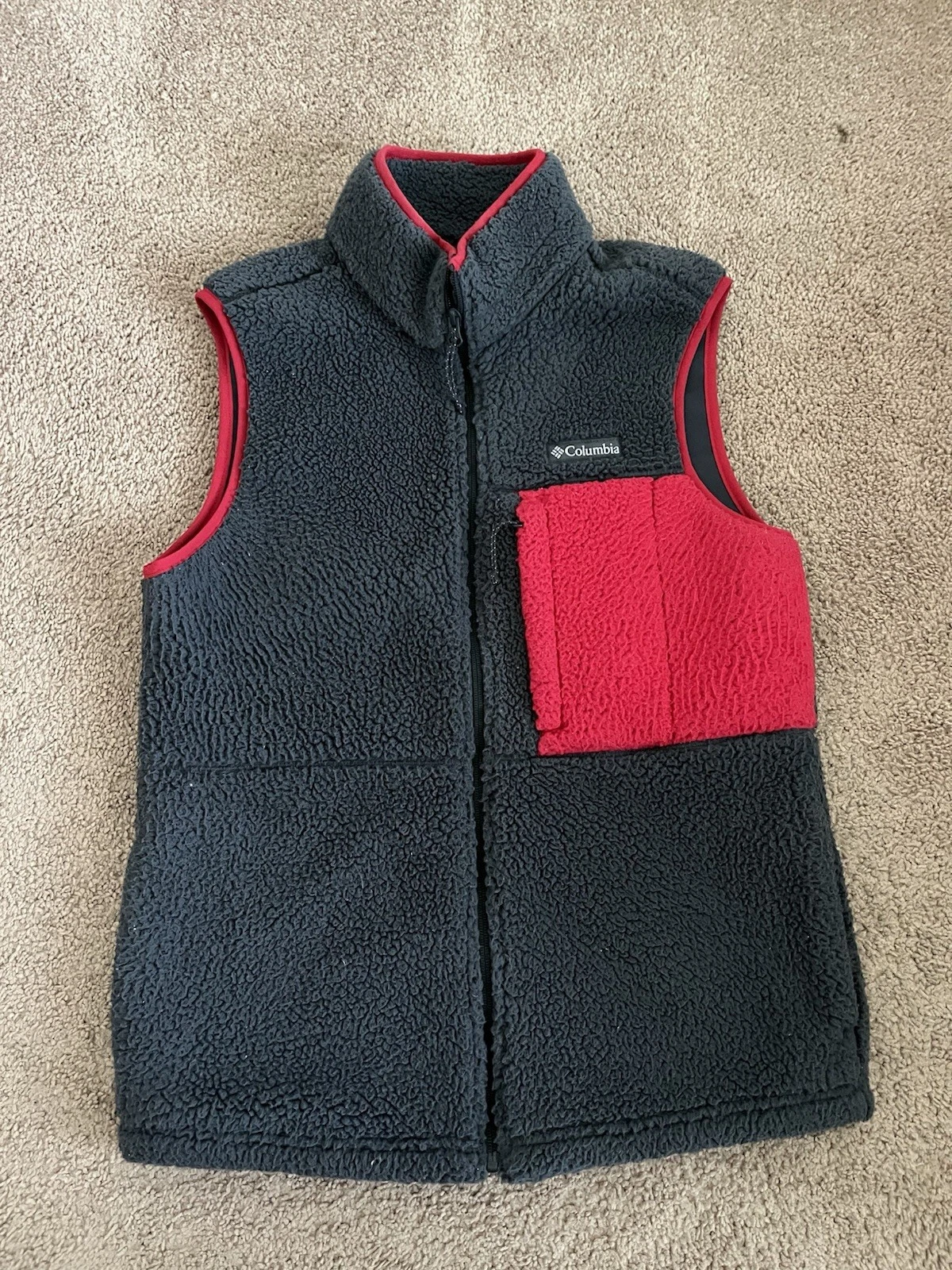 Columbia Mens Deep Pile Vest Full Zip Jacket Sz Small Red Gray Fleece