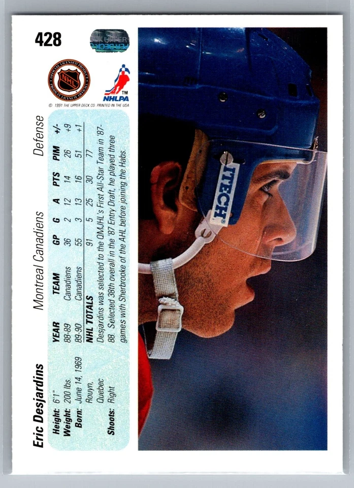 1990-91 Upper Deck #428 Eric Desjardins Montreal Canadiens - Image 2 of 2