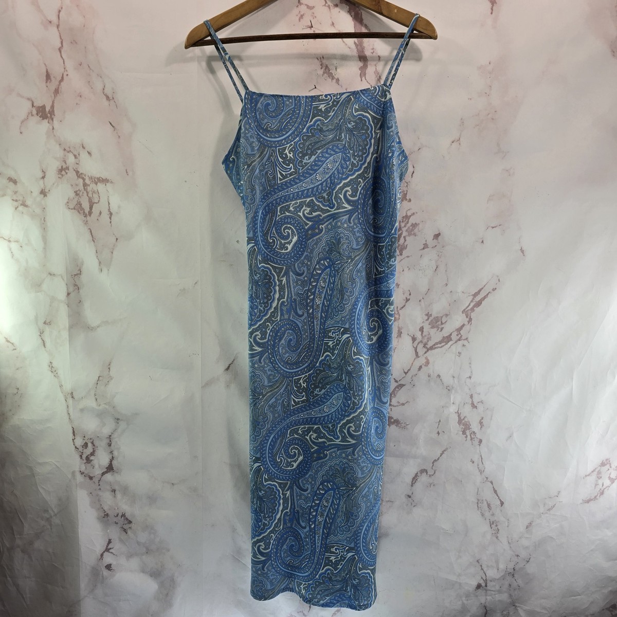 Vintage Y2K Dress Womens Medium Blue Spaghetti Tank Square Neck 90s Paisley  Midi