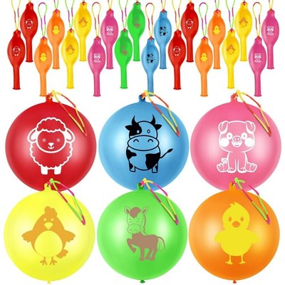 60 Pcs Farm Animals Punch Balloons with Rubber Band Handle Heavy Duty Farm An...