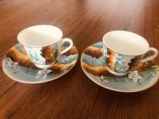 2 Colorado Columbine S-193 Souvenir Cups & Saucers Hand Painted State Flower