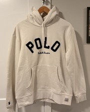 POLO RALPH LAUREN FLEECE PARCHMENT CREAM NAVY HOODIE FELT LOGO MEN S SIZE L NWT
