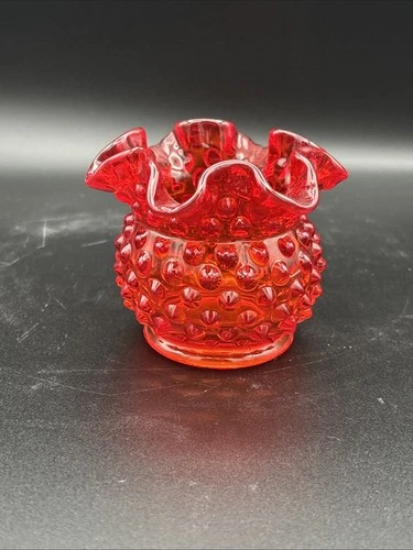 Vintage Fenton Hobnail Ruffled Crimped Ball Vase Rose Bowl Amberina Orange Red