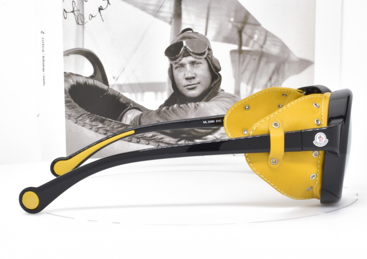 MONCLER Black Sunglasses Yellow Leather Shield Ski Trekking Hiking