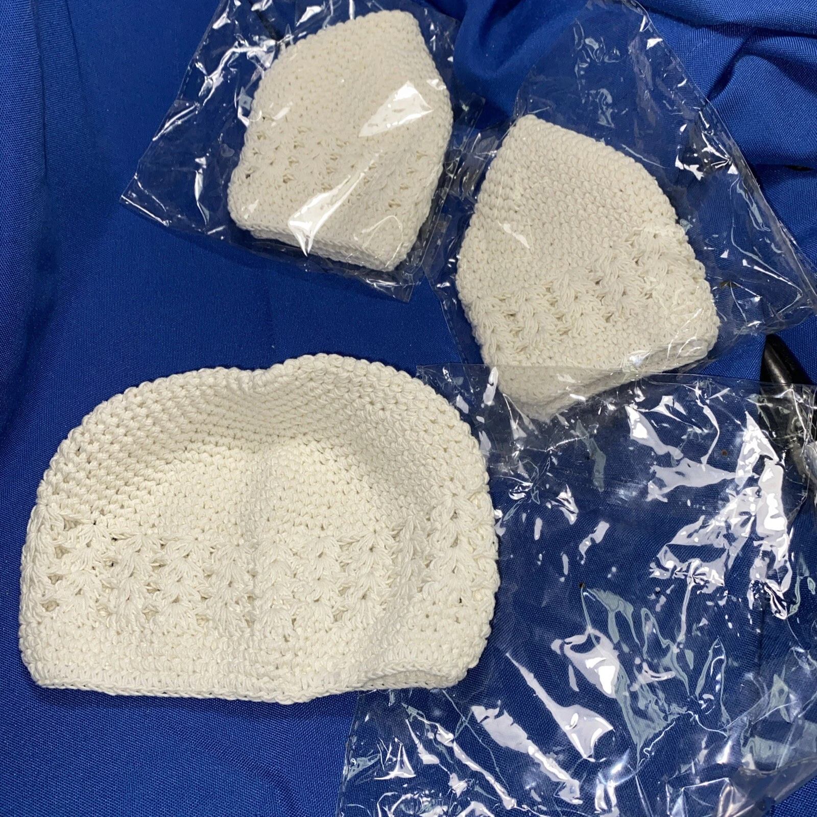 (3) Vtg New Baby Boy Girl Bonnet Hat Knitted Crochet Beanie Winter Cap My Lello