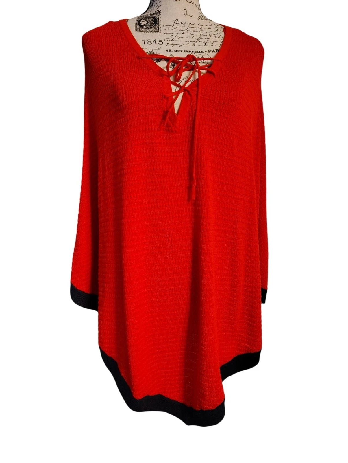 New Talbots Large Red Poncho Knit Sweater, Black Trim, Eyelet Tie at Neck NWT