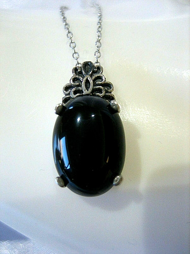 SIGNED FAS STERLING SILVER ONYX PENDANT 18" CHAIN NECKLACE