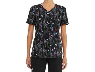 Scrubstar Women's Black Gentle Giraffe Animal Print Scrub Top NEW