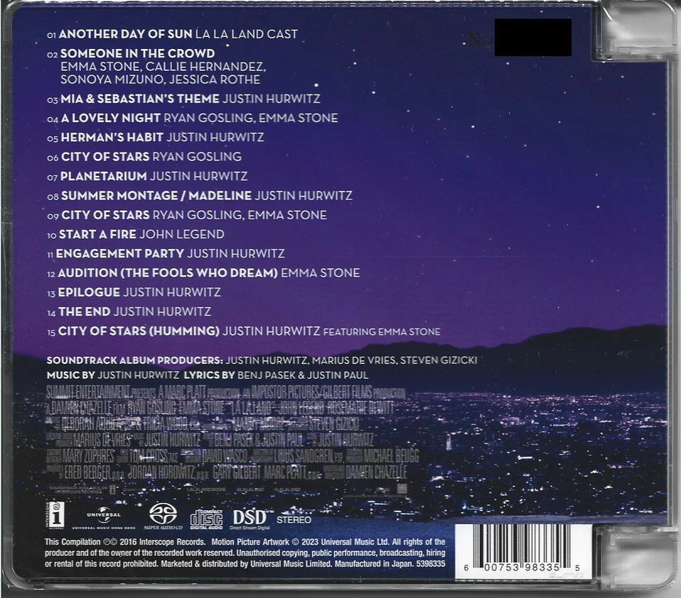 "La La Land - OST" Japan Hybrid Stereo SACD Limited Numbered Audiophile CD - Image 2 of 2