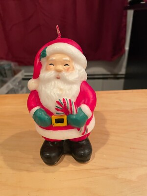 Adorable Vintage Santa Holding A Candy Cane Wax Candle 5 1/2 in High Unused