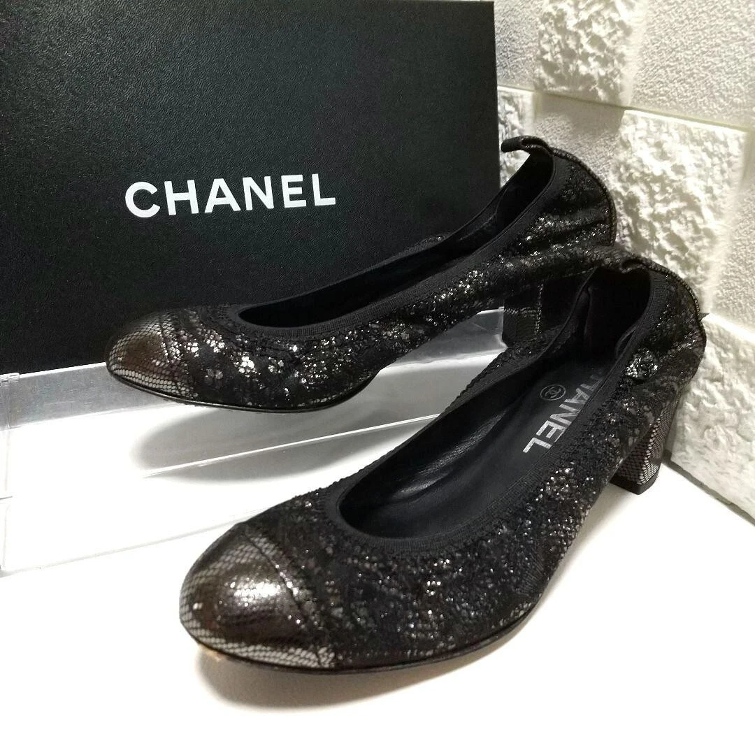 CHANEL Lace Pumps Shoes 35C Black X Silver Authentic Women Used from Japan