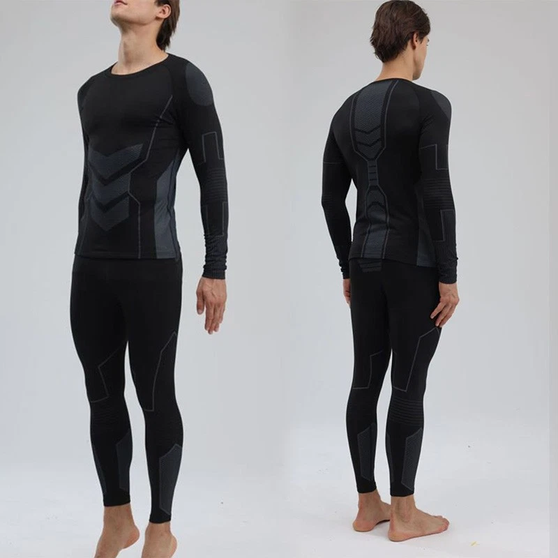 Men Thermal Underwear Set Shirt Pants Slim Fit Top Bottom Set Autumn Black XXL
