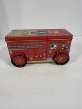 Tin Box Firetruck FD#2 Rolling Wheels Detailed Fire Engine Design Open Lid Box